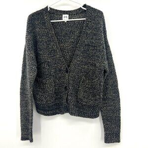John + Jenn Black Marled Boxy Button Front Cardigan Women's Medium